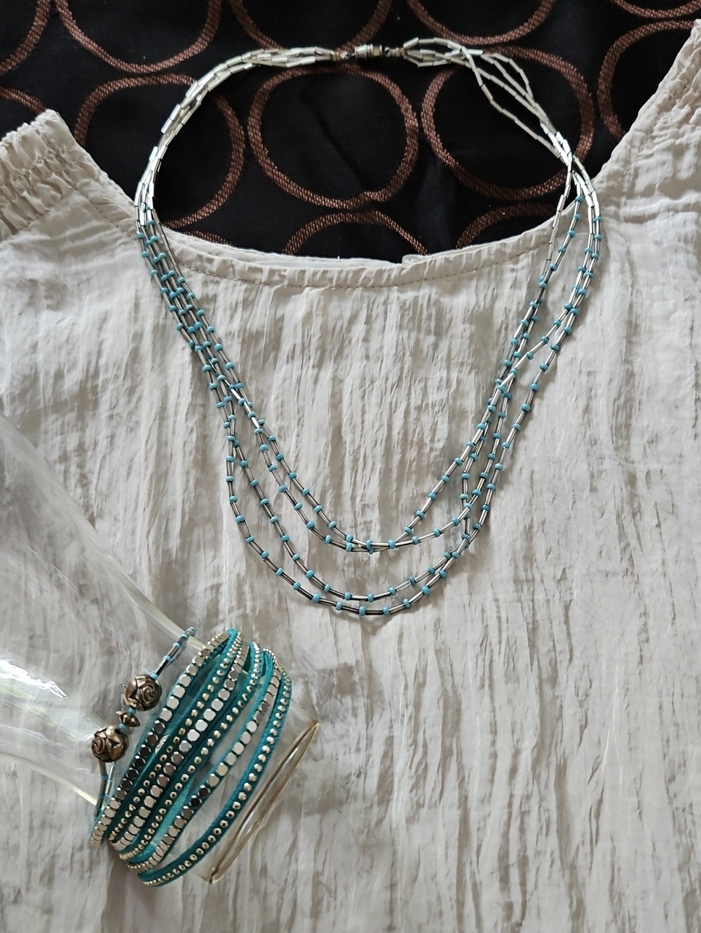 Southwestern Silver & Turquoise Blue Beaded & Leather 3 Piece Jewelry Set Bundle